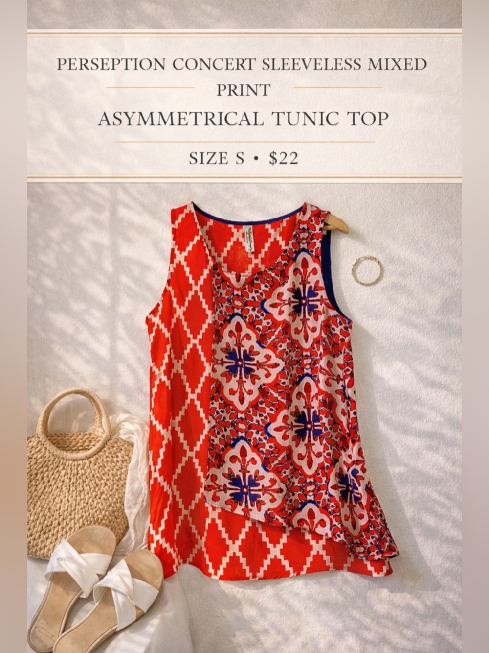 PerSeption Concept Sleeveless Mixed Print Asymmetrical Tunic Top Size S